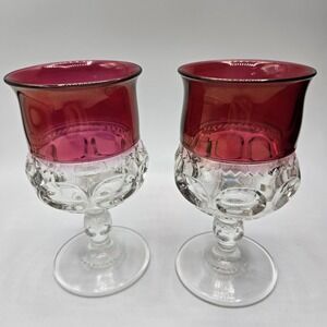 Vintage Indiana Kings Crown Glass Ruby Cranberry Thumbprint Goblets Set of 2 EUC